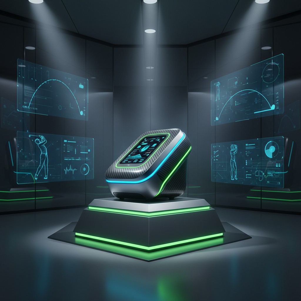 A futuristic, high-tech room with a tall machine and various graphics and symbols displayed on large screens.